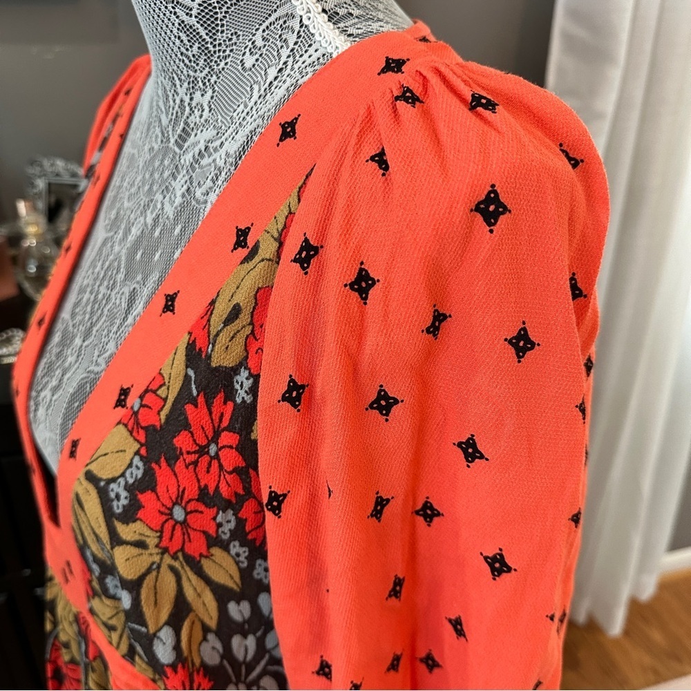 Free People Tallula Poppy Orange Deep-V Mixed Floral Boho Dress Size S - Picture 6 of 16